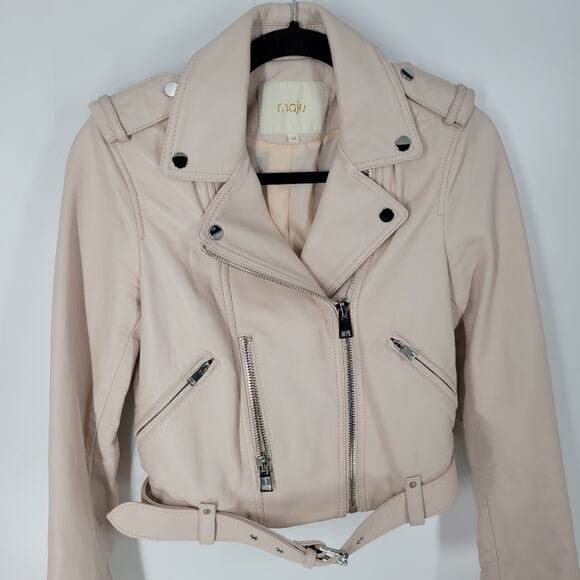 Maje Nude Betsy Cropped Leather Moto Jacket 38 - Picture 3 of 15